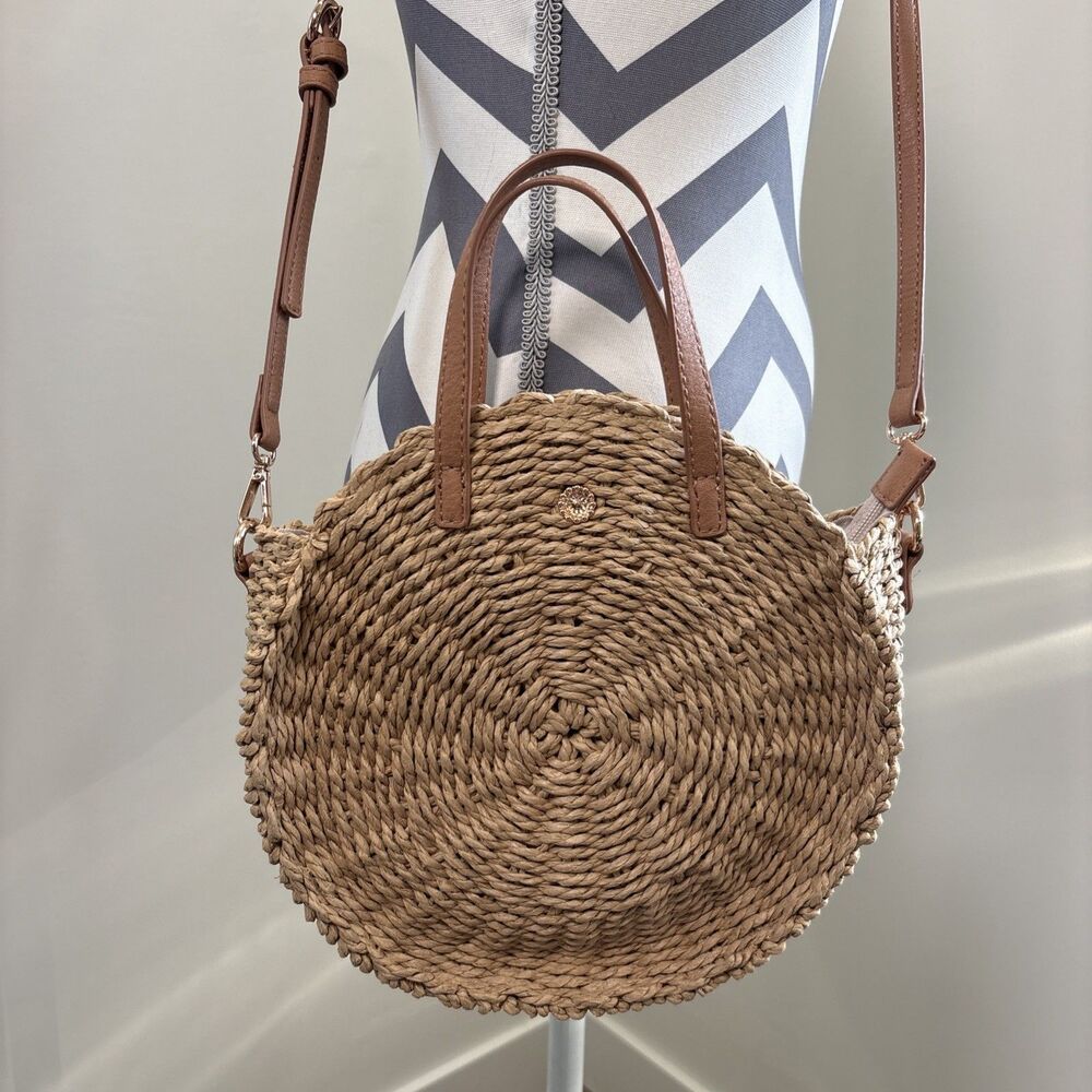 Lauren Conrad LC Cookie Round Boho White & Straw Crossbody Hand Bag Purse NWOT